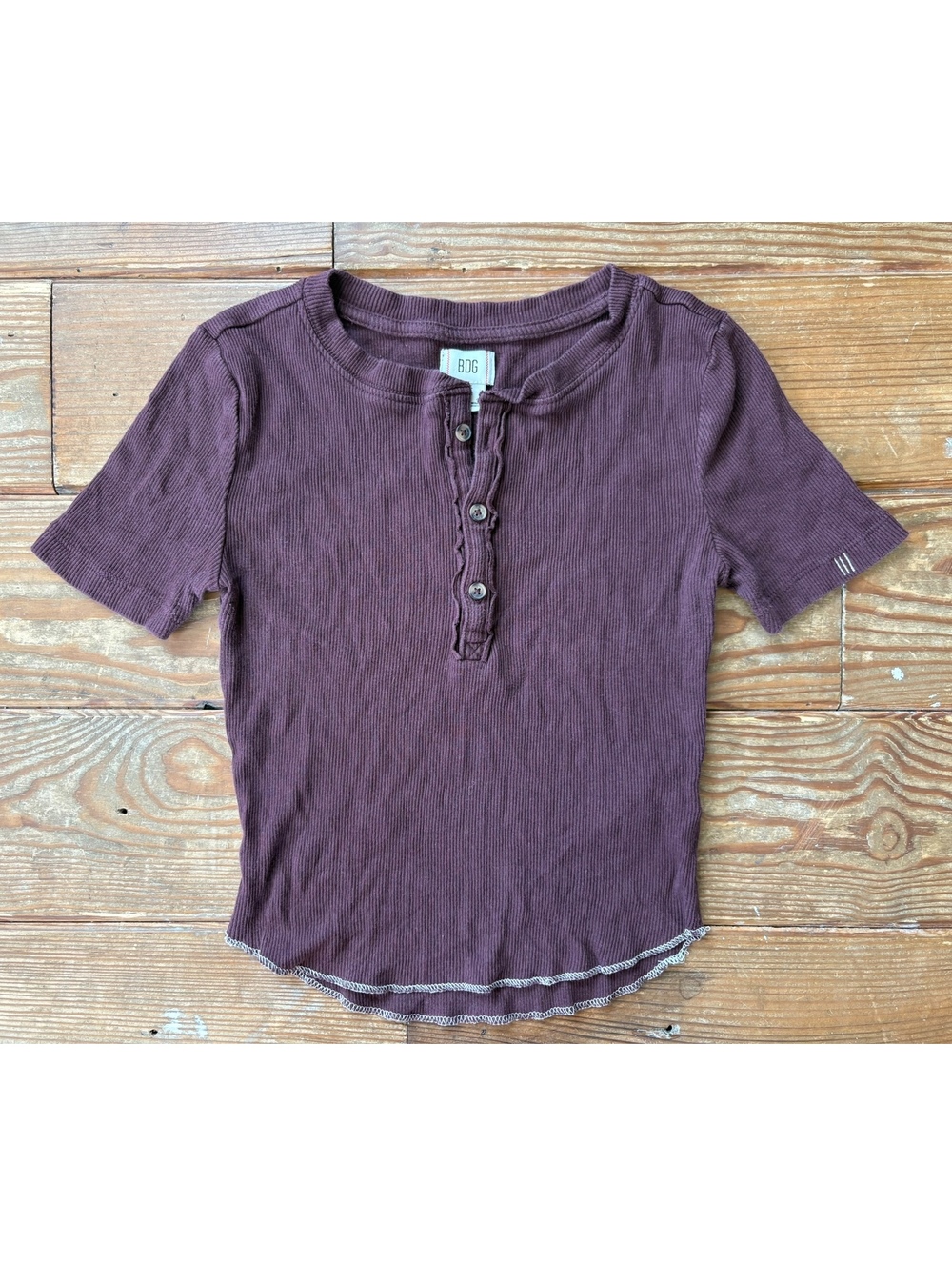 BDG Urban Outfitters Brown Ribbed Henley Baby Tee Top Size Small